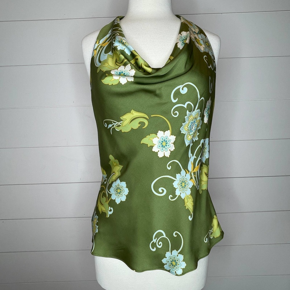 Ann Taylor Silk Green Halter Floral Blouse - 10